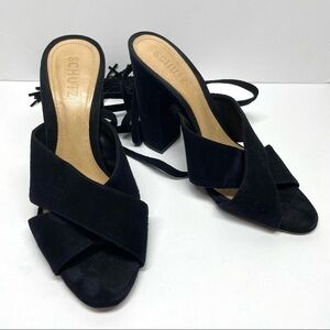 Shutz Suede Black Chunky Heels with Tassel Ties
